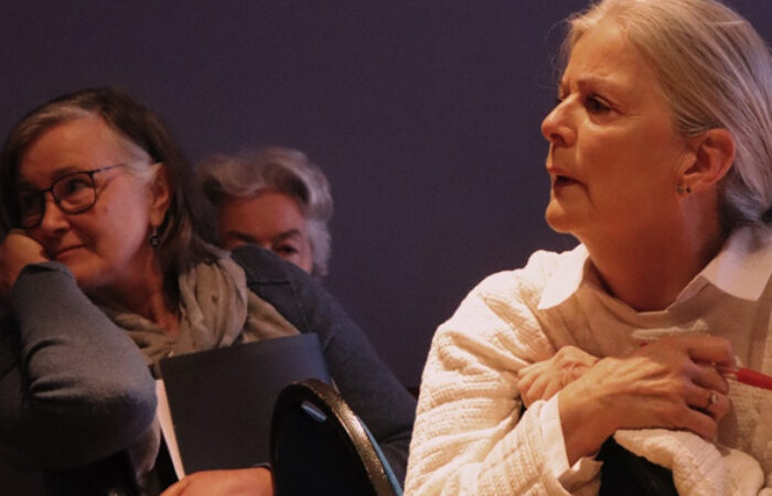 Three women from Our Neighbourhood group sitting listening at dlr Mill Theatre