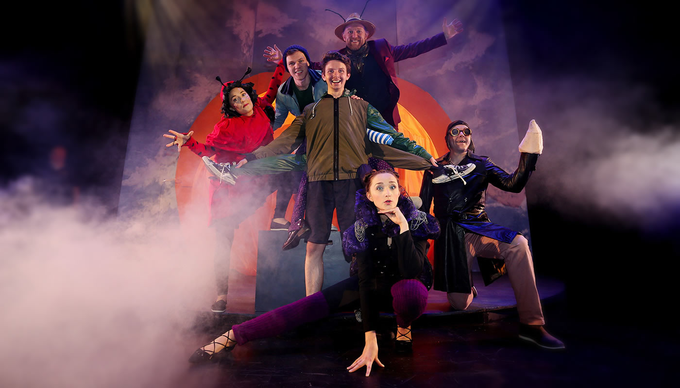 Six performers on stage James and the Giant Peach performance at dlr Mill Theatre