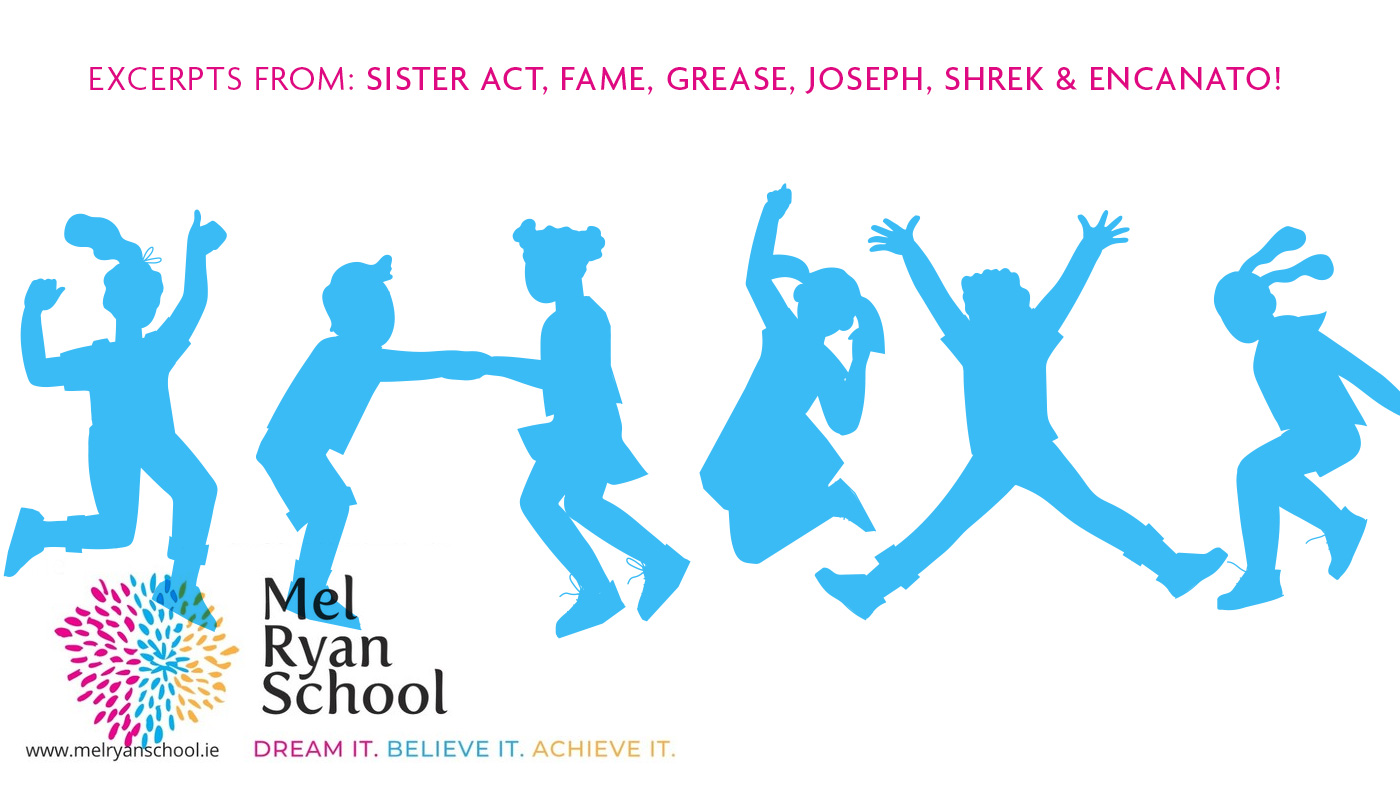 Mel Ryan School of dance and performance, logo and illustrations of children dancing