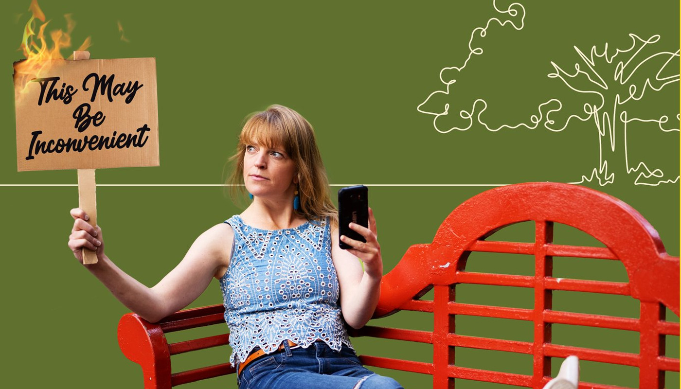 This may be inconvenient poster, woman sitting on park bench with phone